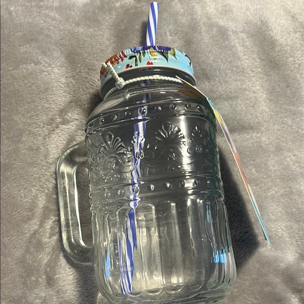The Pioneer Woman Floral Mason Jar with Blue Straw set of three - Picture 4 of 7